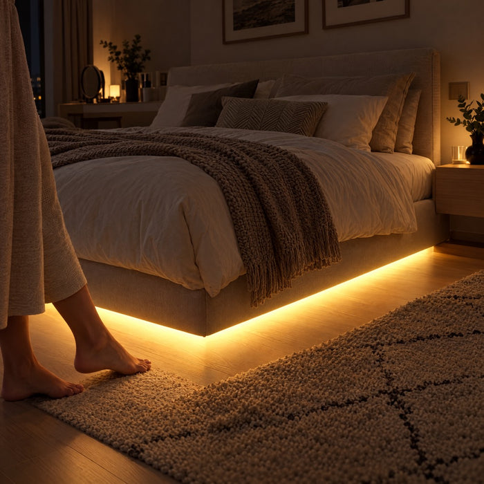 Luz cálida bajo una cama por la noche