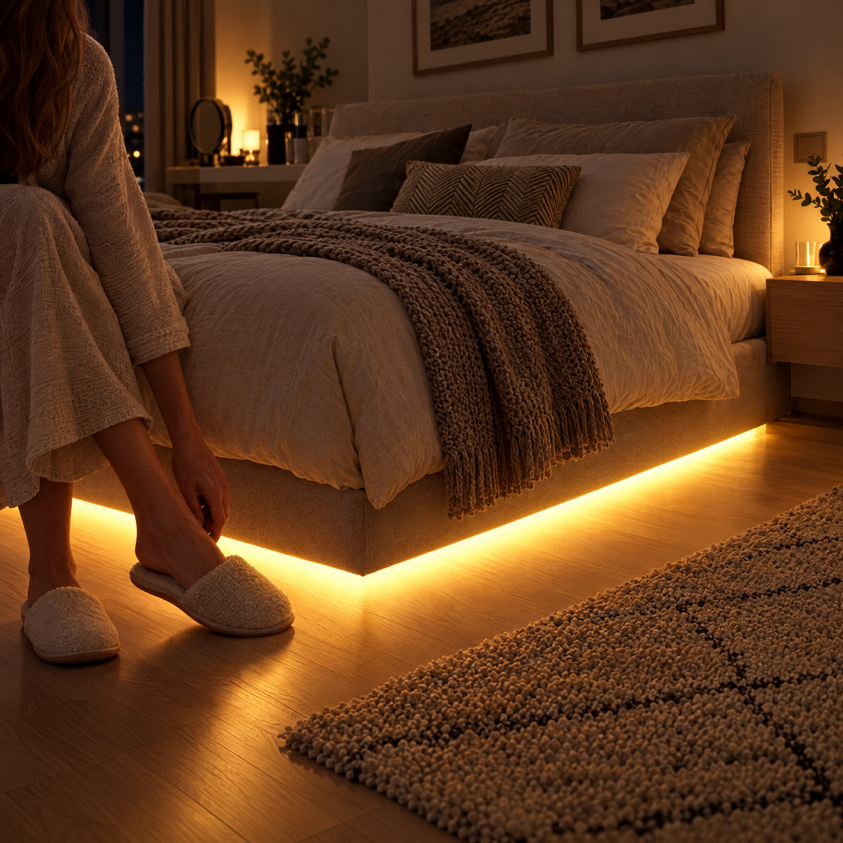 Luz LED bajo una cama doble al levantarse