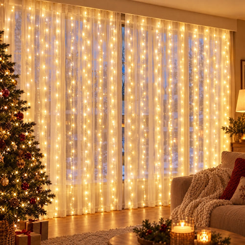 Cortina de luces en la ventana de un salón