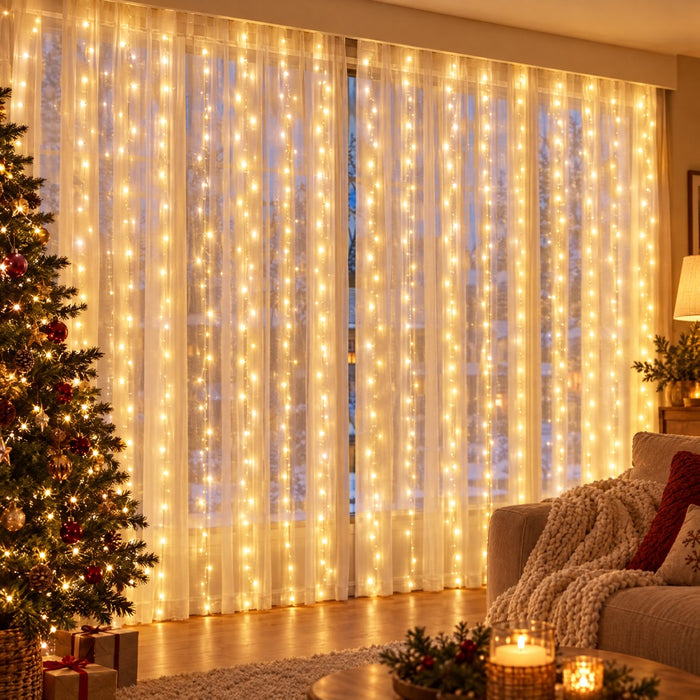 Cortina de luces en la ventana de un salón