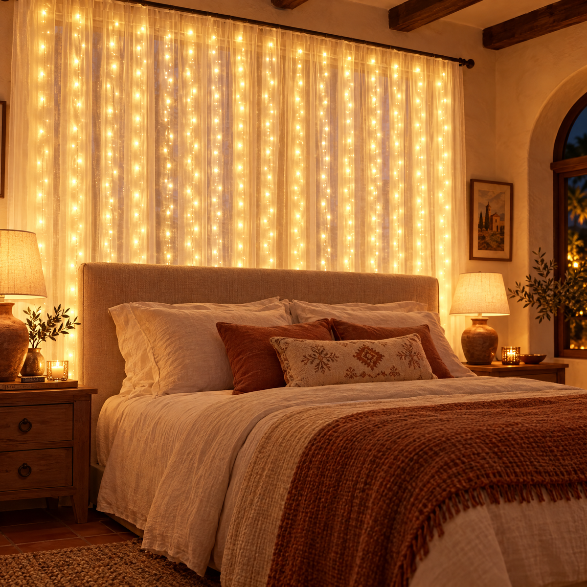 Cortina de luces detrás del cabecero de la cama