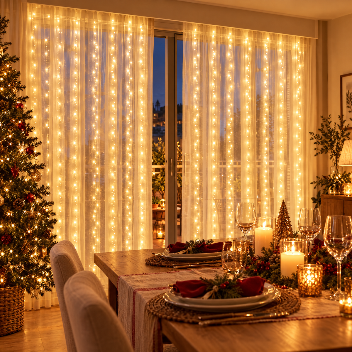 Cortina de luces en una cena de Navidad