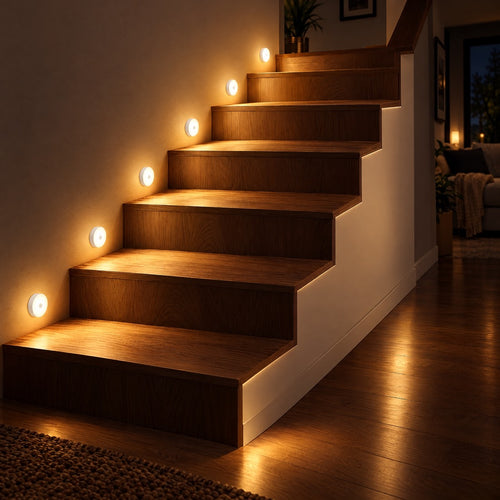 Escalera iluminada con luces redondas
