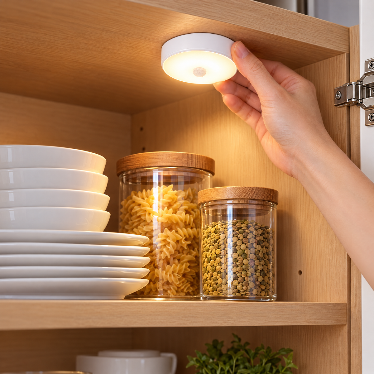 Luz redonda con sensor dentro de un armario de cocina