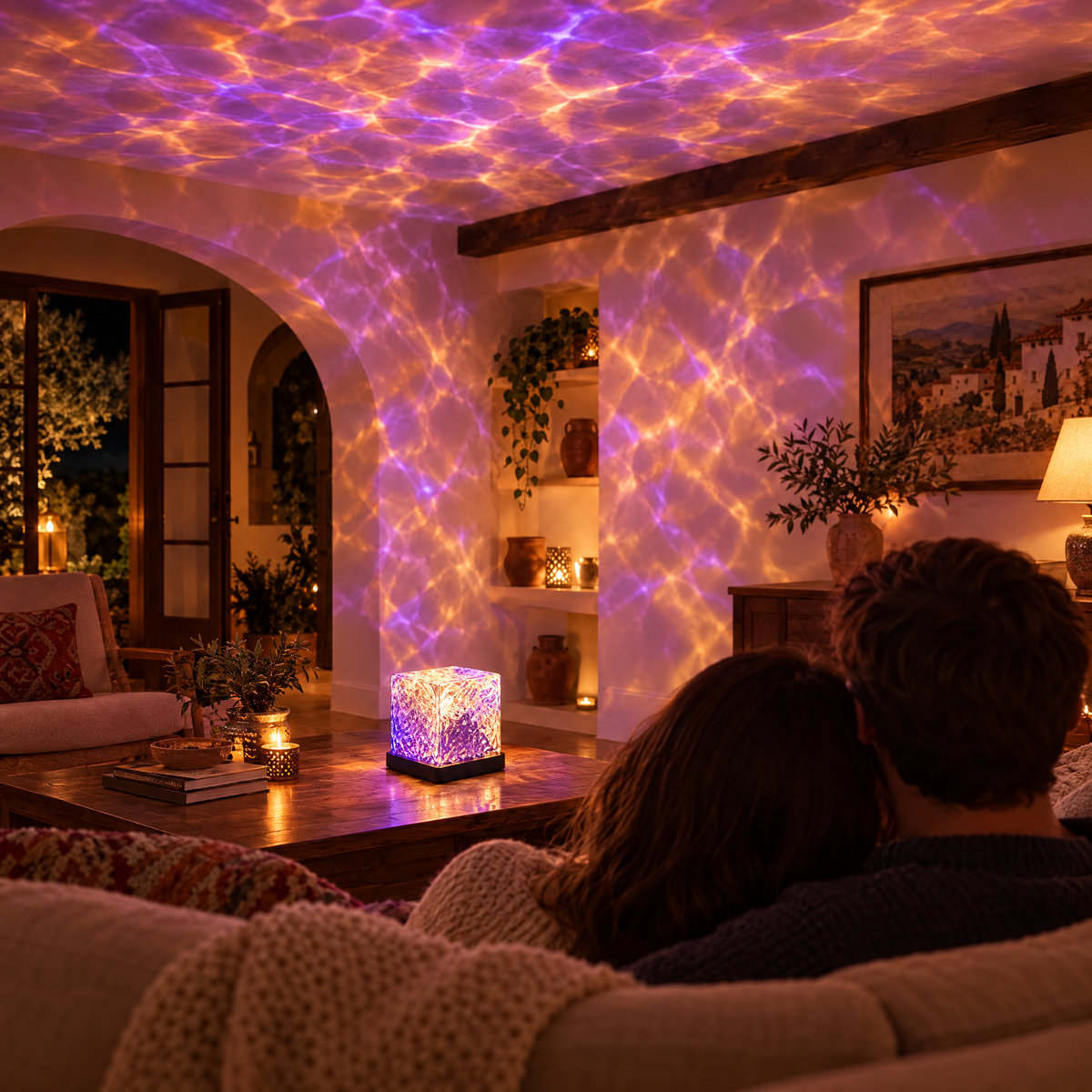 Proyector de ondas en el salón con luz morada y ámbar